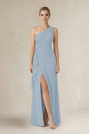 One - Shoulder Sheath Ruched Ruffled Bridesmaid Dress in Dusty Blue - SHE IS ME Bridesmaid Dresses