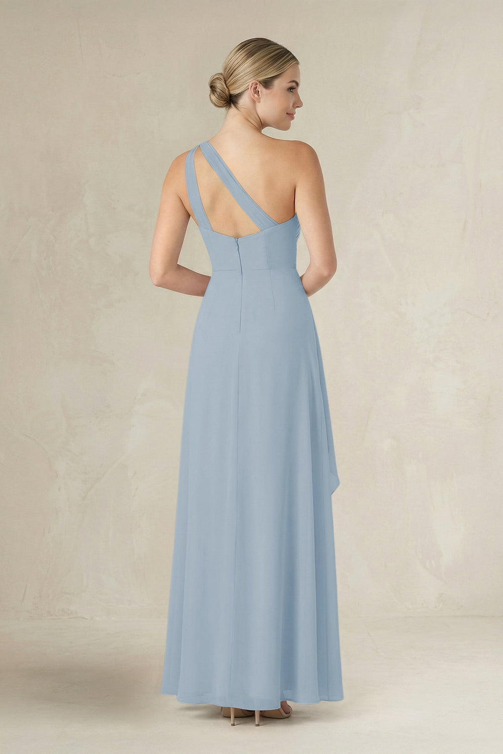 One - Shoulder Sheath Ruched Ruffled Bridesmaid Dress in Dusty Blue - KISS BRIDAL Bridesmaid Dresses