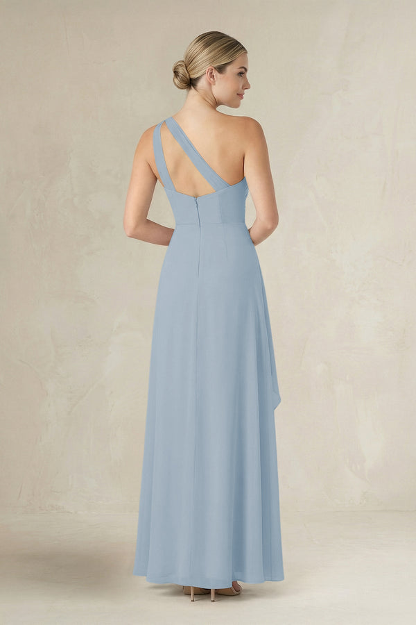 One - Shoulder Sheath Ruched Ruffled Bridesmaid Dress in Dusty Blue - SHE IS ME Bridesmaid Dresses