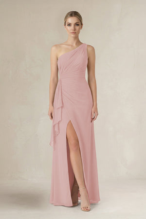 One - Shoulder Sheath Ruched Ruffled Bridesmaid Dress in Dusty Rose - SHE IS ME Bridesmaid Dresses