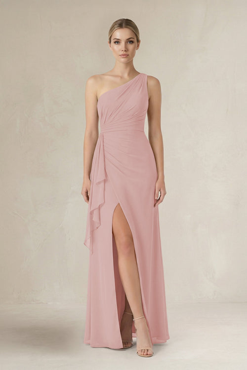 One - Shoulder Sheath Ruched Ruffled Bridesmaid Dress in Dusty Rose - SHE IS ME Bridesmaid Dresses