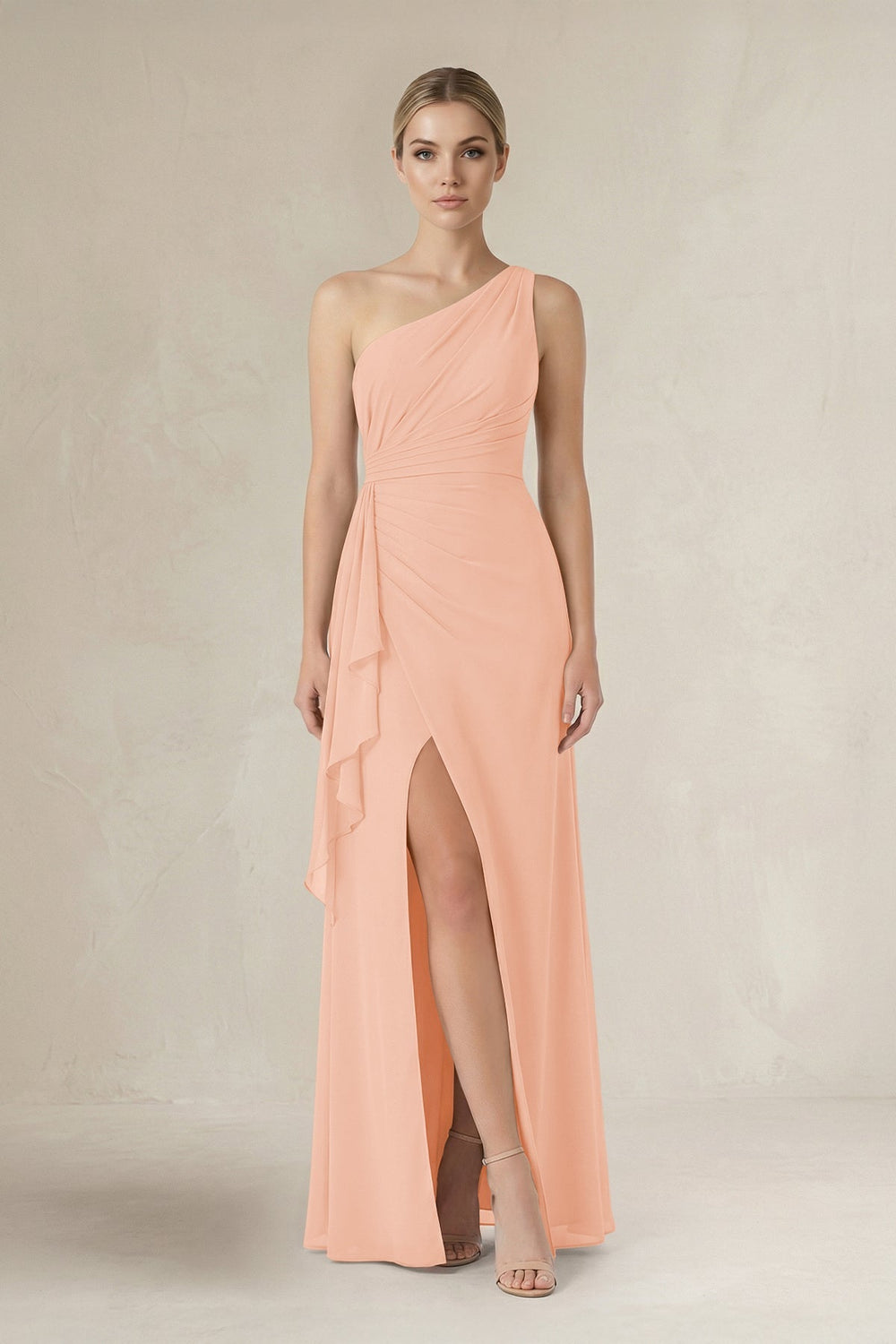 One - Shoulder Sheath Ruched Ruffled Bridesmaid Dress in English Rose - KISS BRIDAL Bridesmaid Dresses