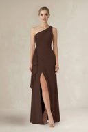 One - Shoulder Sheath Ruched Ruffled Bridesmaid Dress in Espresso - SHE IS ME Bridesmaid Dresses