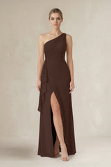 One - Shoulder Sheath Ruched Ruffled Bridesmaid Dress in Espresso - KISS BRIDAL Bridesmaid Dresses