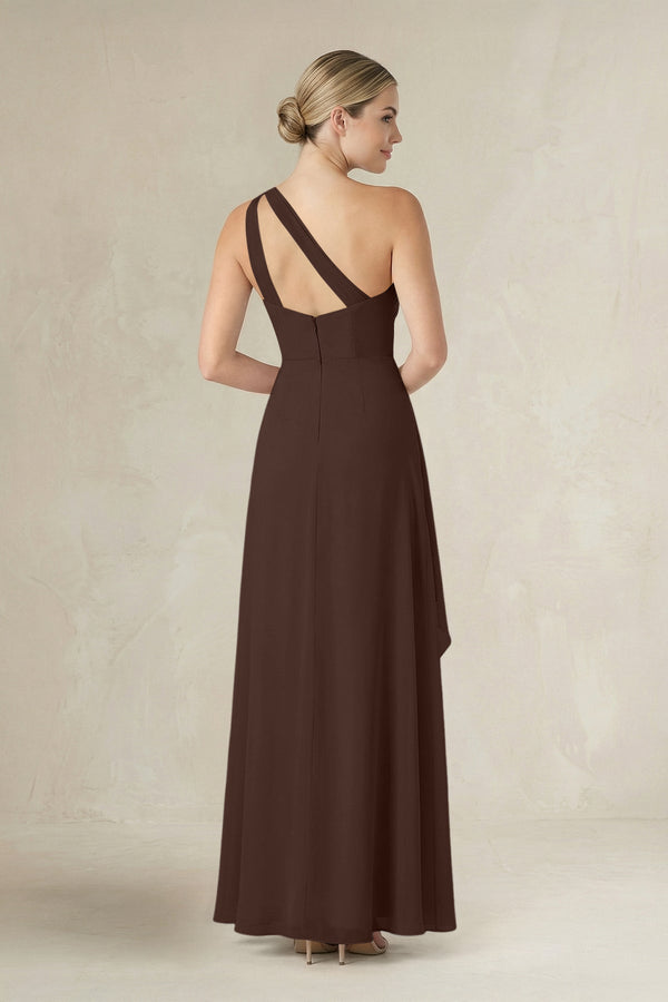 One - Shoulder Sheath Ruched Ruffled Bridesmaid Dress in Espresso - SHE IS ME Bridesmaid Dresses