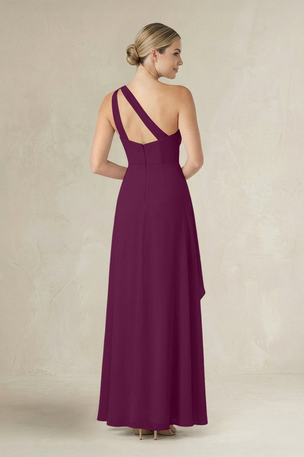 One - Shoulder Sheath Ruched Ruffled Bridesmaid Dress in Fig - SHE IS ME Bridesmaid Dresses