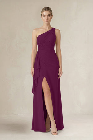 One - Shoulder Sheath Ruched Ruffled Bridesmaid Dress in Fig - SHE IS ME Bridesmaid Dresses