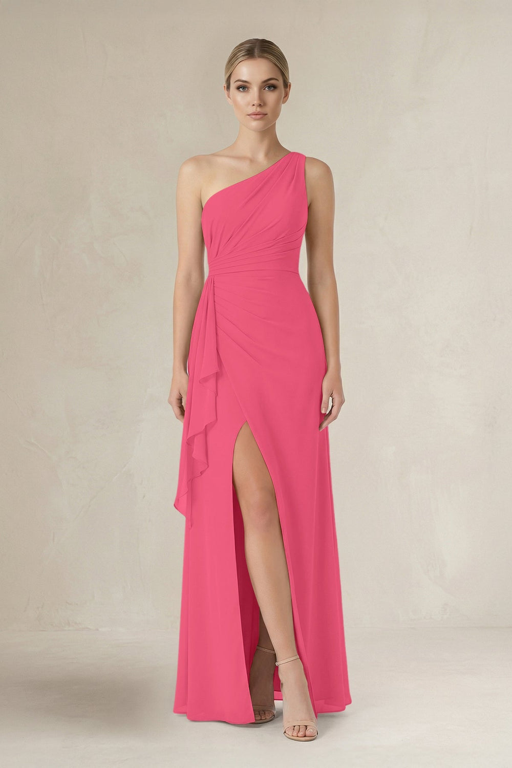 One - Shoulder Sheath Ruched Ruffled Bridesmaid Dress in Fuchsia - KISS BRIDAL Bridesmaid Dresses