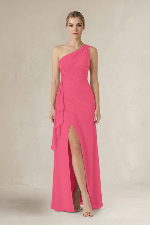 One - Shoulder Sheath Ruched Ruffled Bridesmaid Dress in Fuchsia - SHE IS ME Bridesmaid Dresses