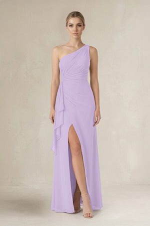 One - Shoulder Sheath Ruched Ruffled Bridesmaid Dress in Lavender - SHE IS ME Bridesmaid Dresses