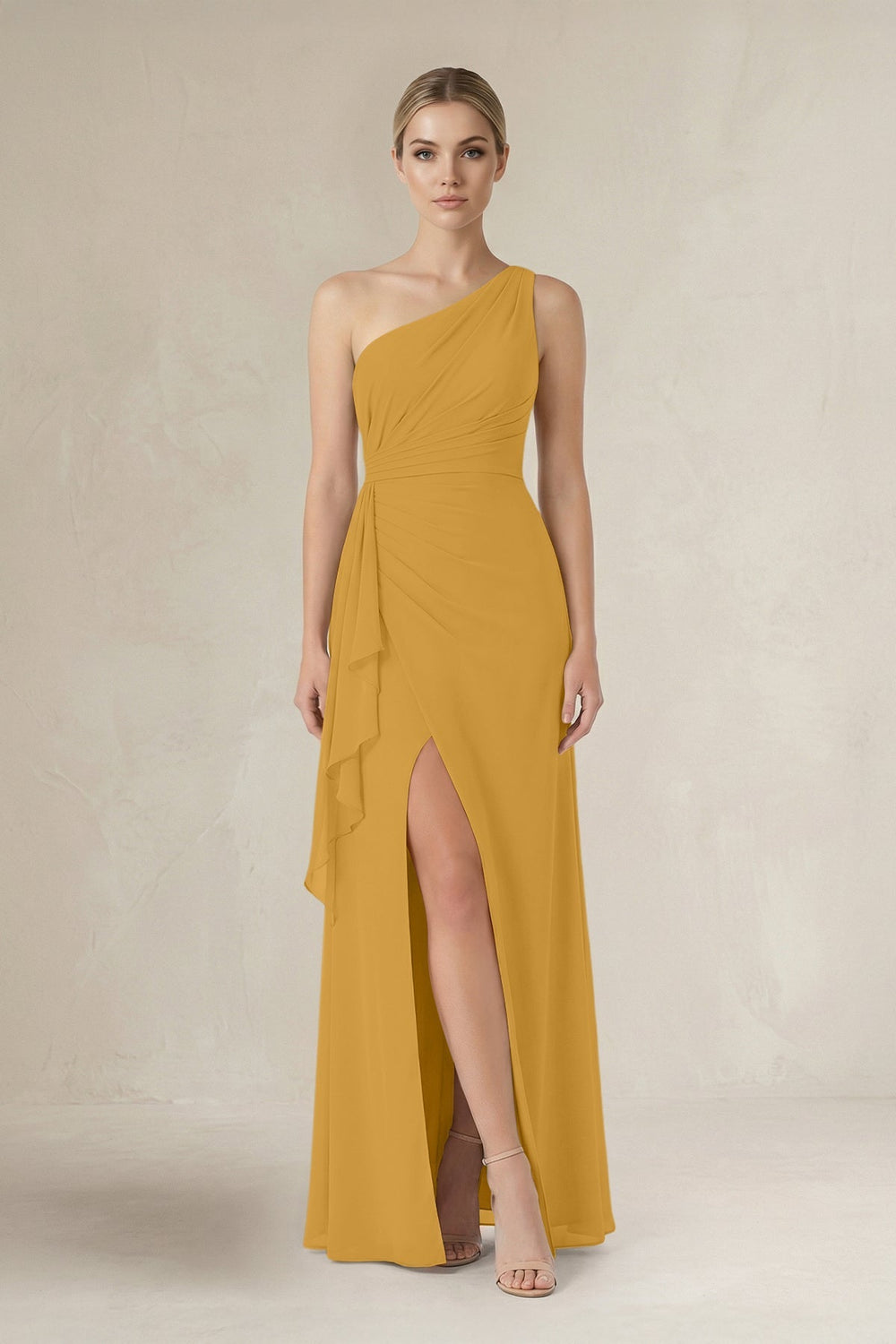 One - Shoulder Sheath Ruched Ruffled Bridesmaid Dress in Marigold - KISS BRIDAL Bridesmaid Dresses