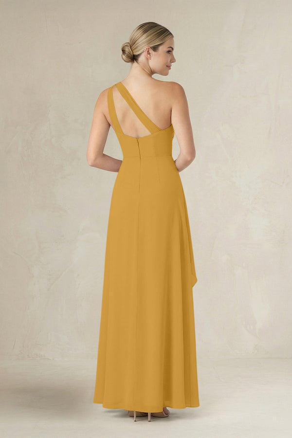 One - Shoulder Sheath Ruched Ruffled Bridesmaid Dress in Marigold - SHE IS ME Bridesmaid Dresses