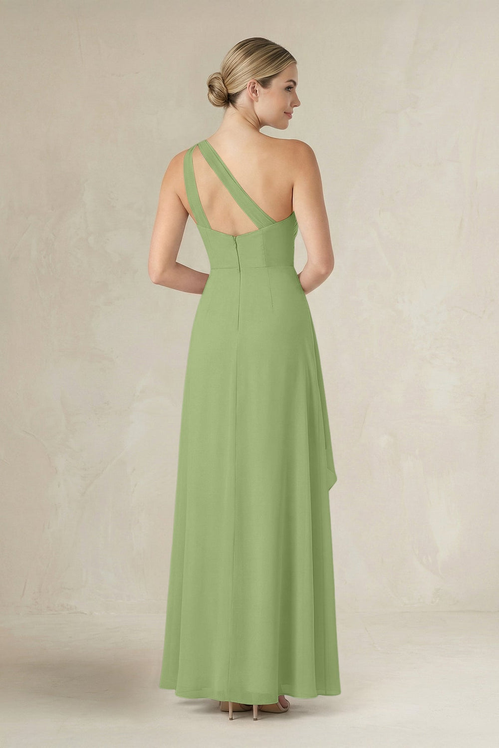 One - Shoulder Sheath Ruched Ruffled Bridesmaid Dress in Matcha - KISS BRIDAL Bridesmaid Dresses