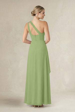 One - Shoulder Sheath Ruched Ruffled Bridesmaid Dress in Matcha - SHE IS ME Bridesmaid Dresses