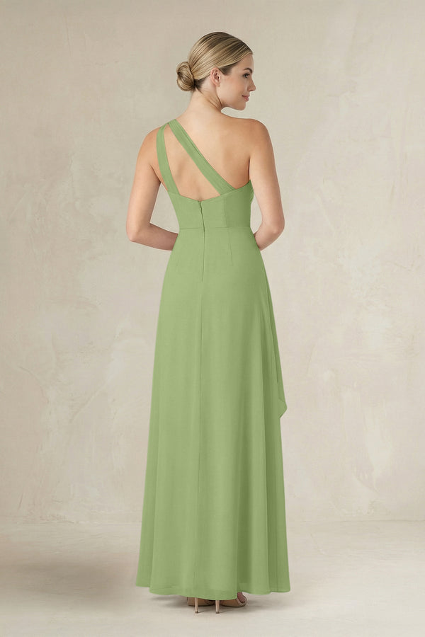 One - Shoulder Sheath Ruched Ruffled Bridesmaid Dress in Matcha - SHE IS ME Bridesmaid Dresses