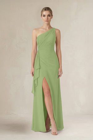One - Shoulder Sheath Ruched Ruffled Bridesmaid Dress in Matcha - SHE IS ME Bridesmaid Dresses