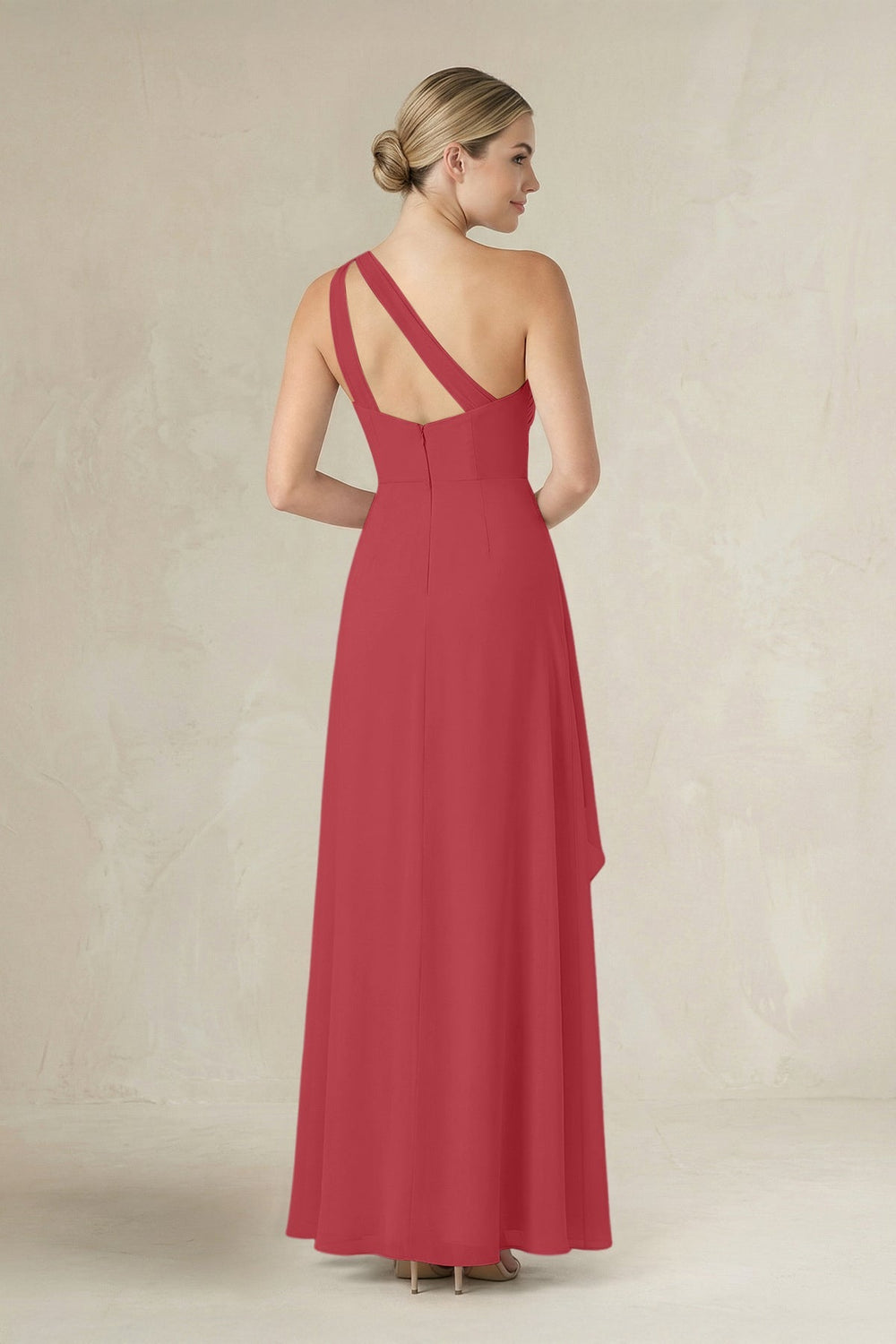 One - Shoulder Sheath Ruched Ruffled Bridesmaid Dress in Merlot - KISS BRIDAL Bridesmaid Dresses