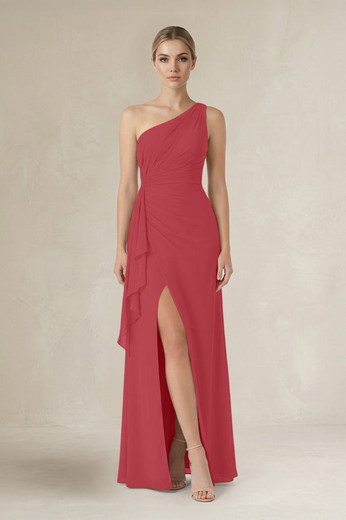 One - Shoulder Sheath Ruched Ruffled Bridesmaid Dress in Merlot - SHE IS ME Bridesmaid Dresses