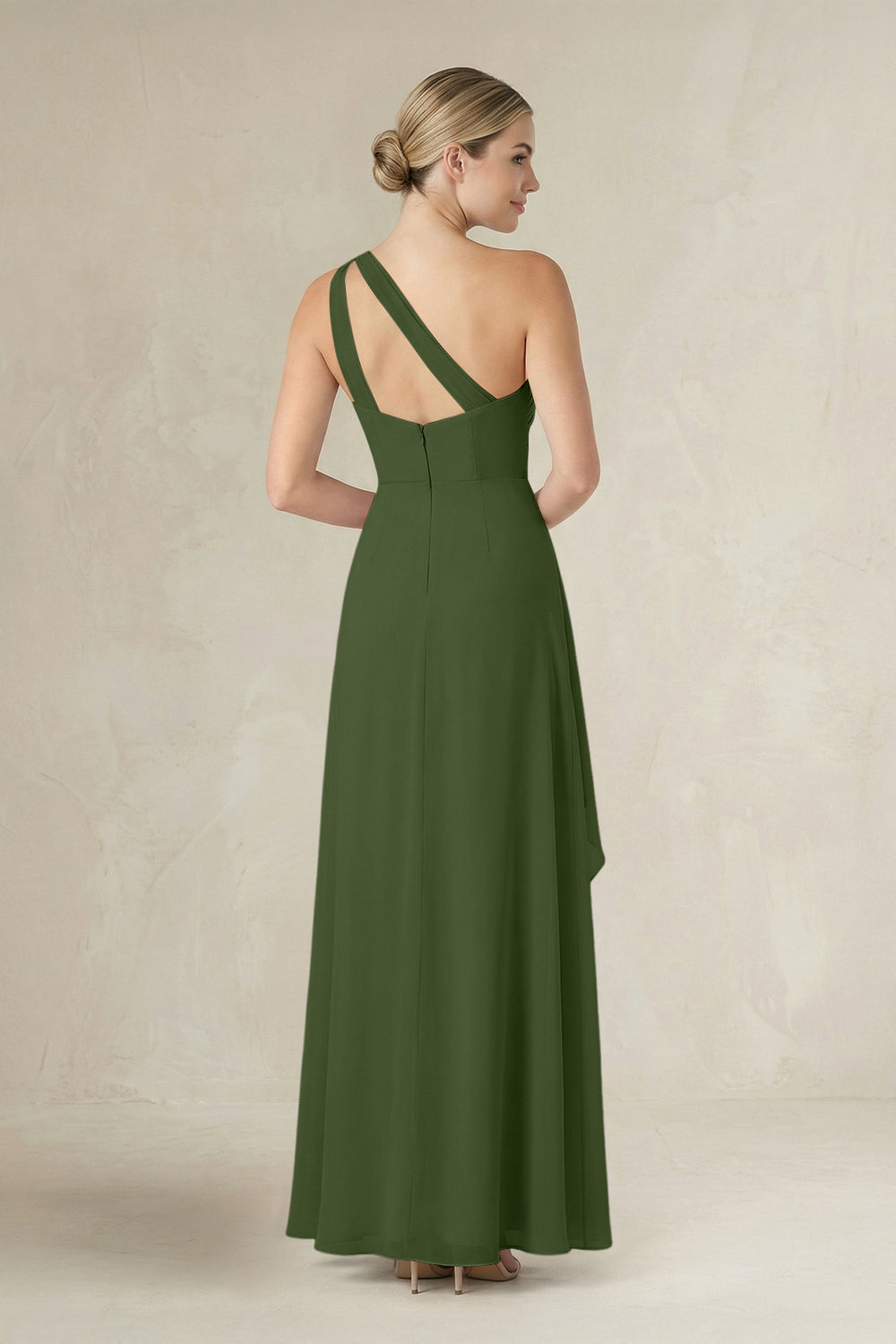 One-Shoulder Sheath Ruched Ruffled Bridesmaid Dress in Moss