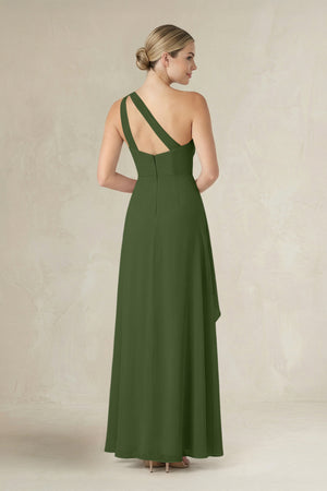 One-Shoulder Sheath Ruched Ruffled Bridesmaid Dress in Moss (2) | KISSBRIDAL