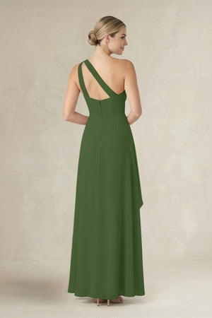 One - Shoulder Sheath Ruched Ruffled Bridesmaid Dress in Moss - SHE IS ME Bridesmaid Dresses