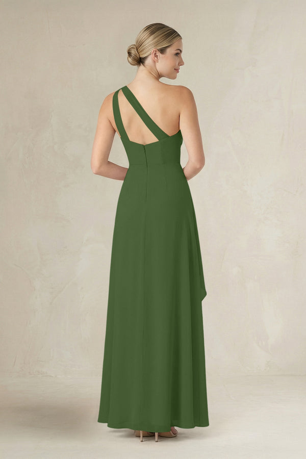 One - Shoulder Sheath Ruched Ruffled Bridesmaid Dress in Moss - SHE IS ME Bridesmaid Dresses