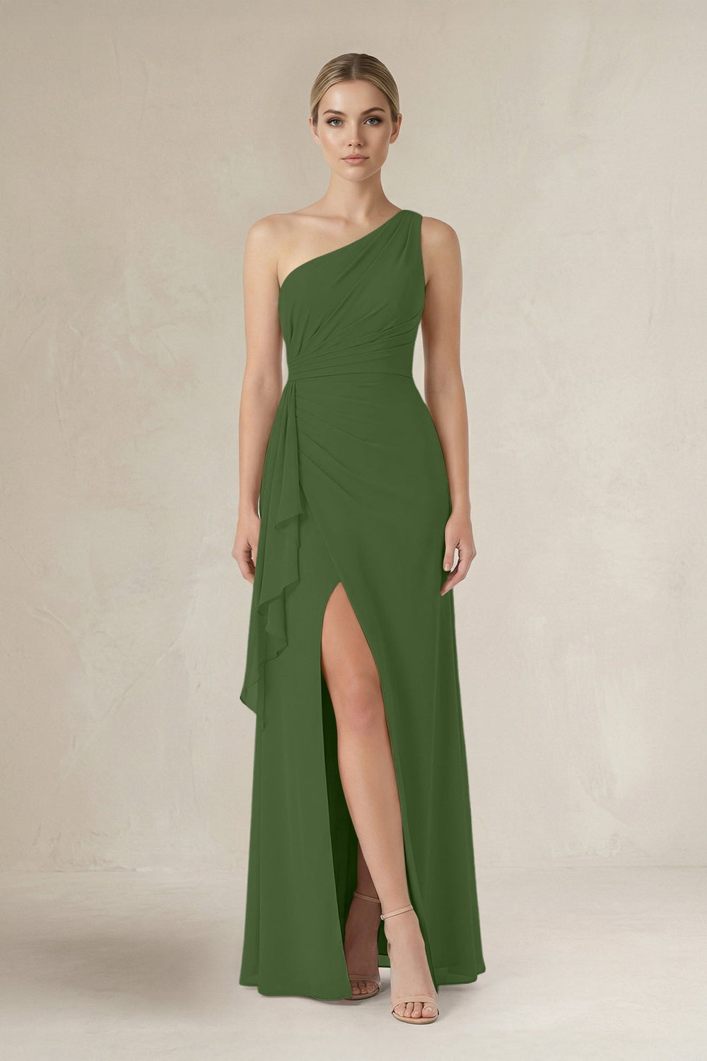 One - Shoulder Sheath Ruched Ruffled Bridesmaid Dress in Moss - KISS BRIDAL Bridesmaid Dresses