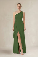 One - Shoulder Sheath Ruched Ruffled Bridesmaid Dress in Moss - SHE IS ME Bridesmaid Dresses