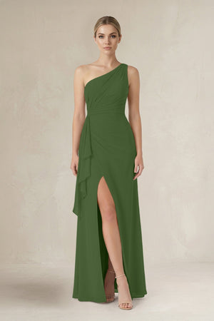 One - Shoulder Sheath Ruched Ruffled Bridesmaid Dress in Moss - SHE IS ME Bridesmaid Dresses