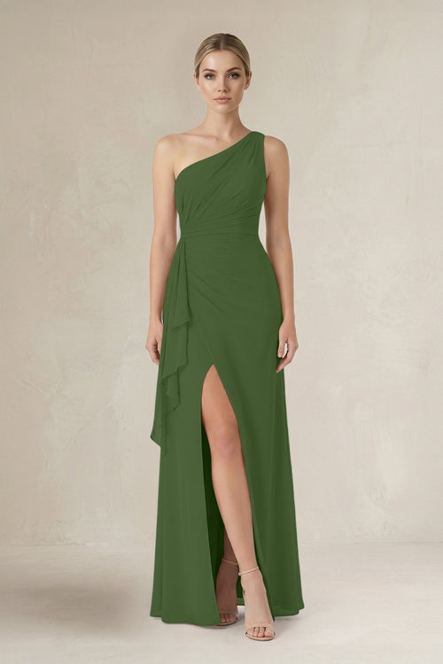 One - Shoulder Sheath Ruched Ruffled Bridesmaid Dress in Moss - SHE IS ME Bridesmaid Dresses
