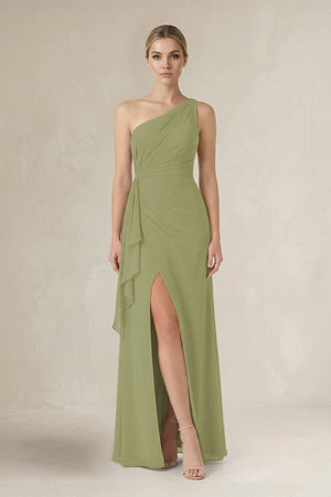 One - Shoulder Sheath Ruched Ruffled Bridesmaid Dress in Moss Green - SHE IS ME Bridesmaid Dresses