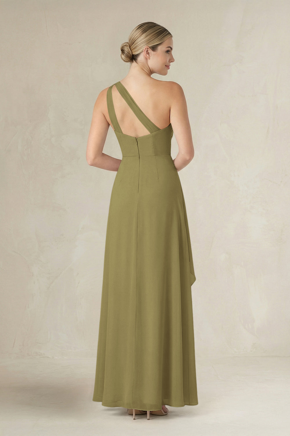 One-Shoulder Sheath Ruched Ruffled Bridesmaid Dress in Moss Green