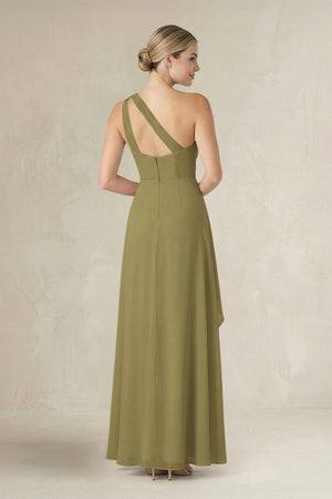 One-Shoulder Sheath Ruched Ruffled Bridesmaid Dress in Moss Green (2) | KISSBRIDAL