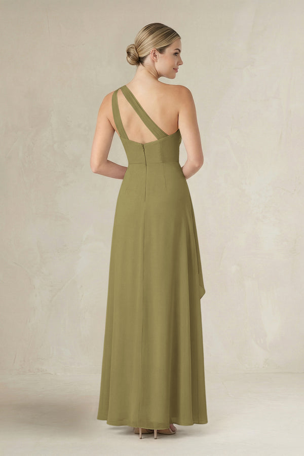 One-Shoulder Sheath Ruched Ruffled Bridesmaid Dress in Moss Green (2) | KISSBRIDAL