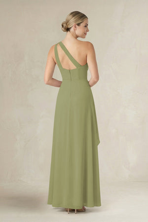 One - Shoulder Sheath Ruched Ruffled Bridesmaid Dress in Moss Green - SHE IS ME Bridesmaid Dresses