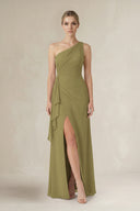 One-Shoulder Sheath Ruched Ruffled Bridesmaid Dress in Moss Green | KISSBRIDAL