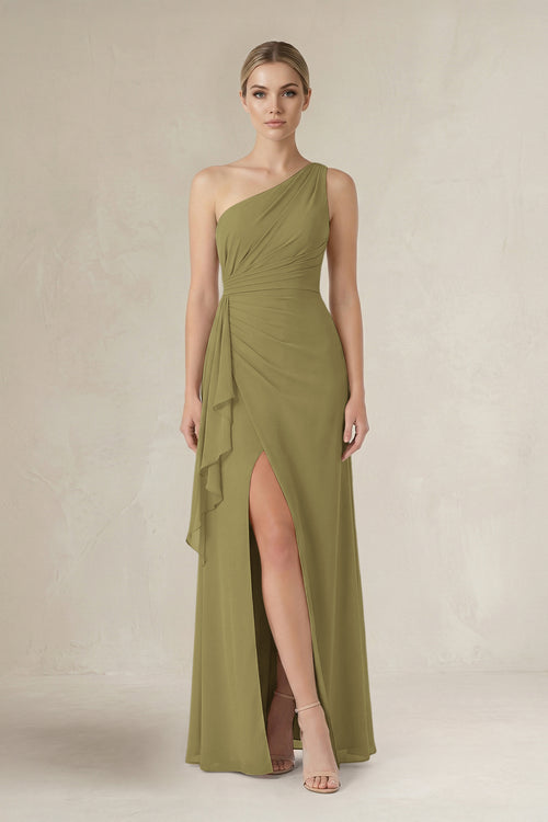 One-Shoulder Sheath Ruched Ruffled Bridesmaid Dress in Moss Green | KISSBRIDAL