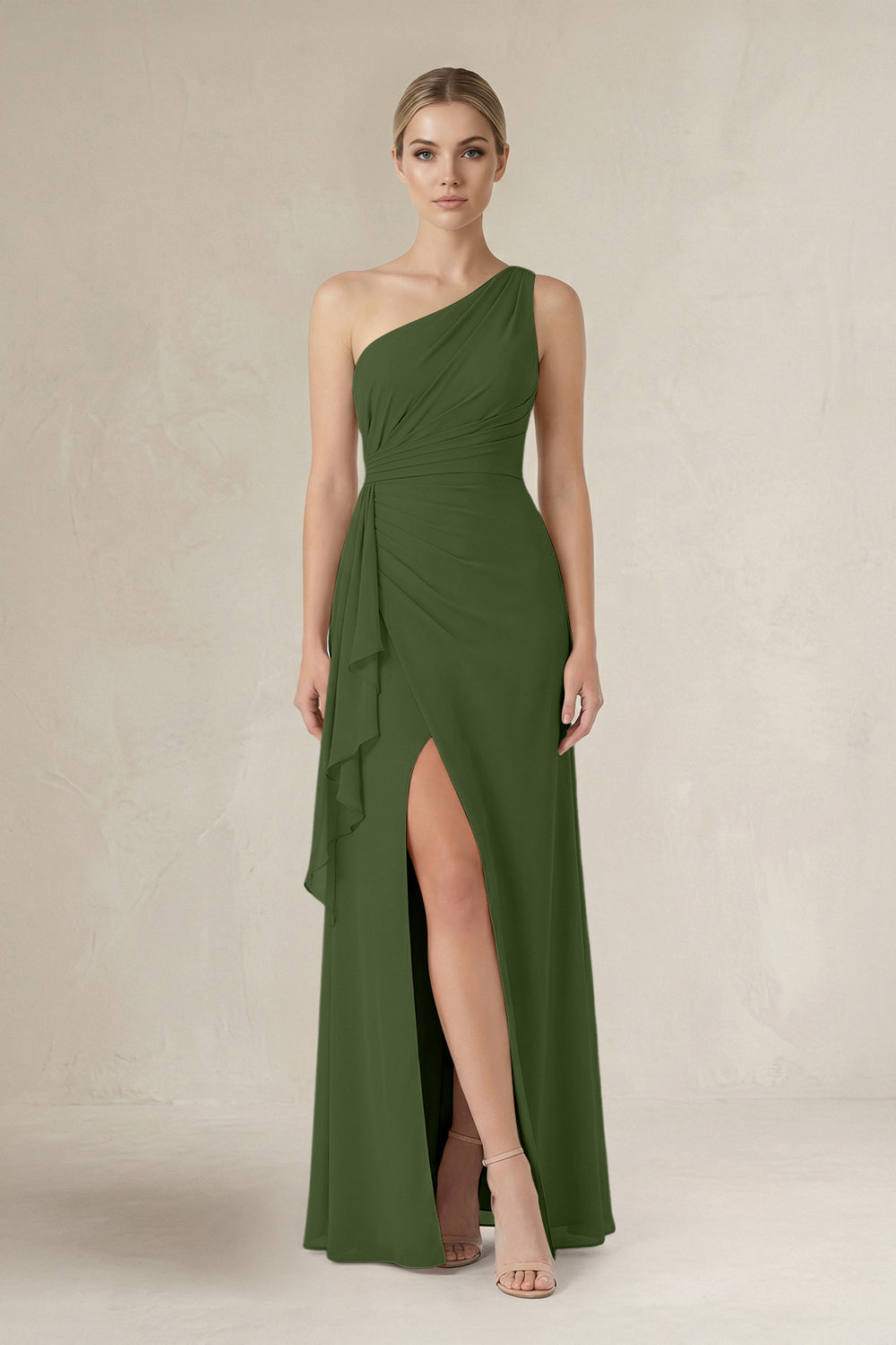 One-Shoulder Sheath Ruched Ruffled Bridesmaid Dress in Moss