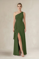 One-Shoulder Sheath Ruched Ruffled Bridesmaid Dress in Moss | KISSBRIDAL