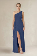 One - Shoulder Sheath Ruched Ruffled Bridesmaid Dress in Navy - SHE IS ME Bridesmaid Dresses