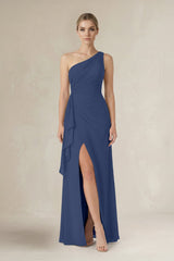 One - Shoulder Sheath Ruched Ruffled Bridesmaid Dress in Navy - KISS BRIDAL Bridesmaid Dresses