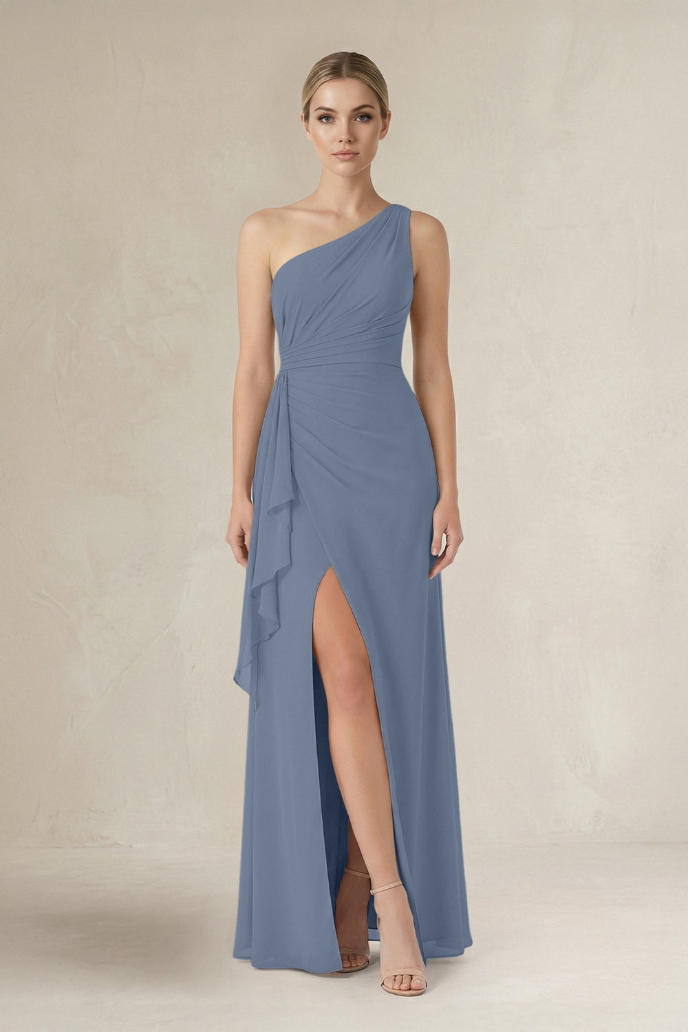 One - Shoulder Sheath Ruched Ruffled Bridesmaid Dress in Neptune - KISS BRIDAL Bridesmaid Dresses