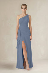 One - Shoulder Sheath Ruched Ruffled Bridesmaid Dress in Neptune - KISS BRIDAL Bridesmaid Dresses