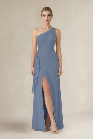 One - Shoulder Sheath Ruched Ruffled Bridesmaid Dress in Neptune - SHE IS ME Bridesmaid Dresses