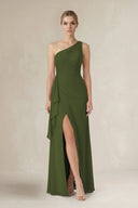One - Shoulder Sheath Ruched Ruffled Bridesmaid Dress in Olive - SHE IS ME Bridesmaid Dresses