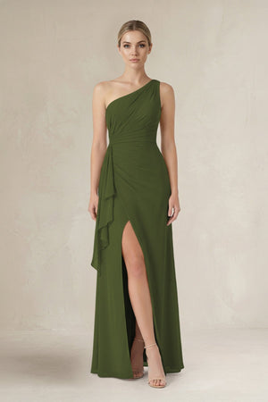 One - Shoulder Sheath Ruched Ruffled Bridesmaid Dress in Olive - SHE IS ME Bridesmaid Dresses