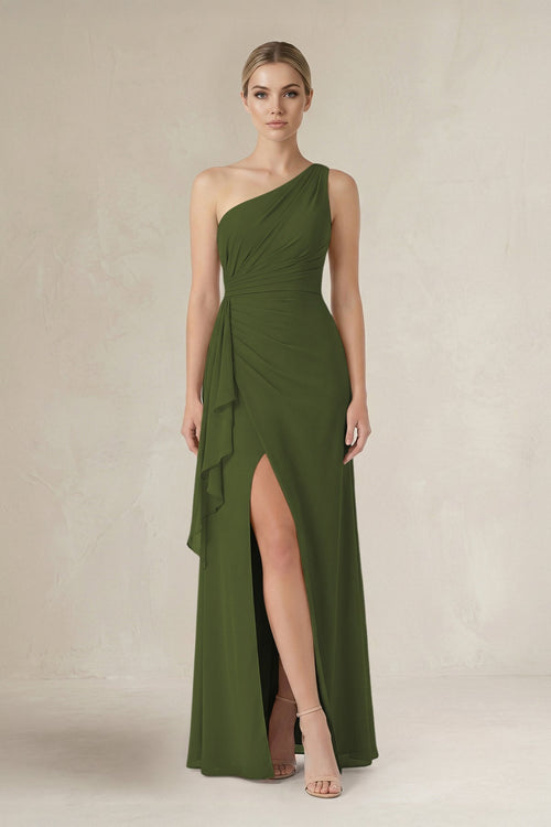 One - Shoulder Sheath Ruched Ruffled Bridesmaid Dress in Olive - SHE IS ME Bridesmaid Dresses