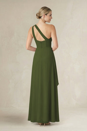 One - Shoulder Sheath Ruched Ruffled Bridesmaid Dress in Olive - SHE IS ME Bridesmaid Dresses