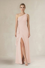 One - Shoulder Sheath Ruched Ruffled Bridesmaid Dress in Pale Blush - KISS BRIDAL Bridesmaid Dresses
