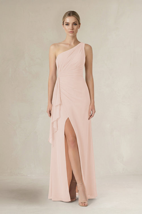 One - Shoulder Sheath Ruched Ruffled Bridesmaid Dress in Pale Blush - SHE IS ME Bridesmaid Dresses